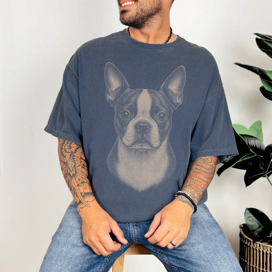 Model wearing a Denim Comfort Colors® T-shirt with a realistic drawing of a Boston Terrier