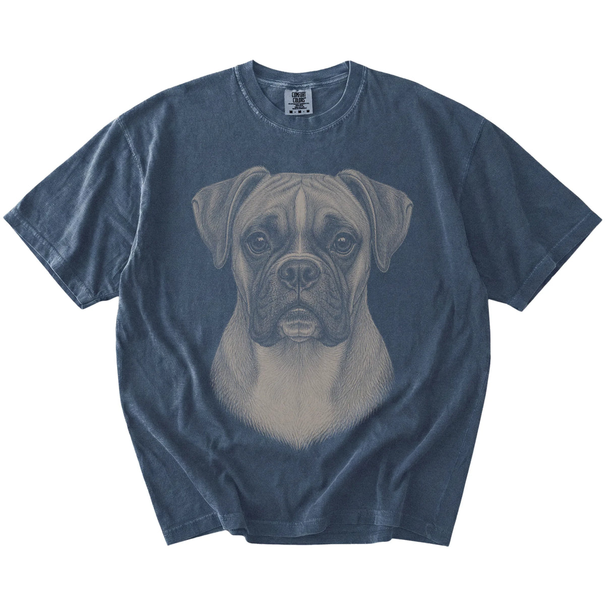 A realistic drawing of a Boxer on a Denim Comfort Colors® T-shirt