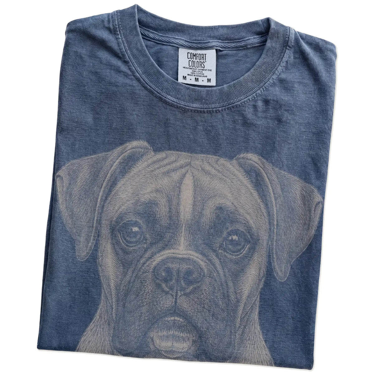 Folded Denim Comfort Colors® T-shirt showing a realistic drawing of a Boxer