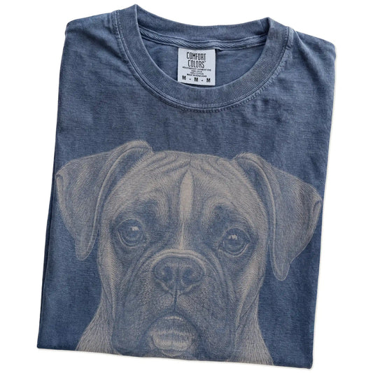 Folded Denim Comfort Colors® T-shirt showing a realistic drawing of a Boxer