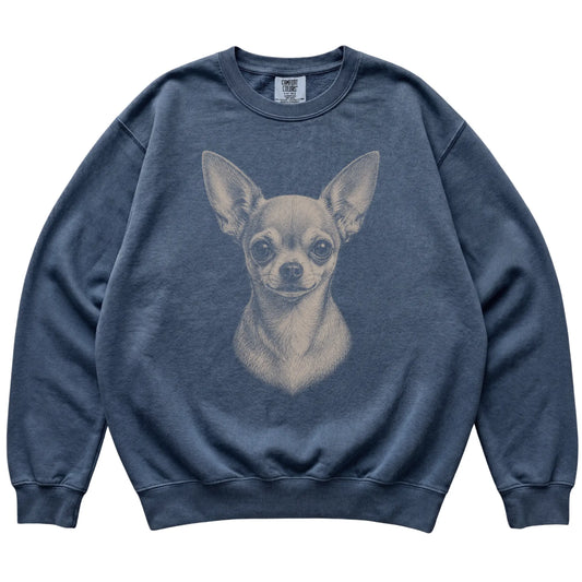 Denim Realistic Drawing Chihuahua Comfort Colors sweatshirt, flat view