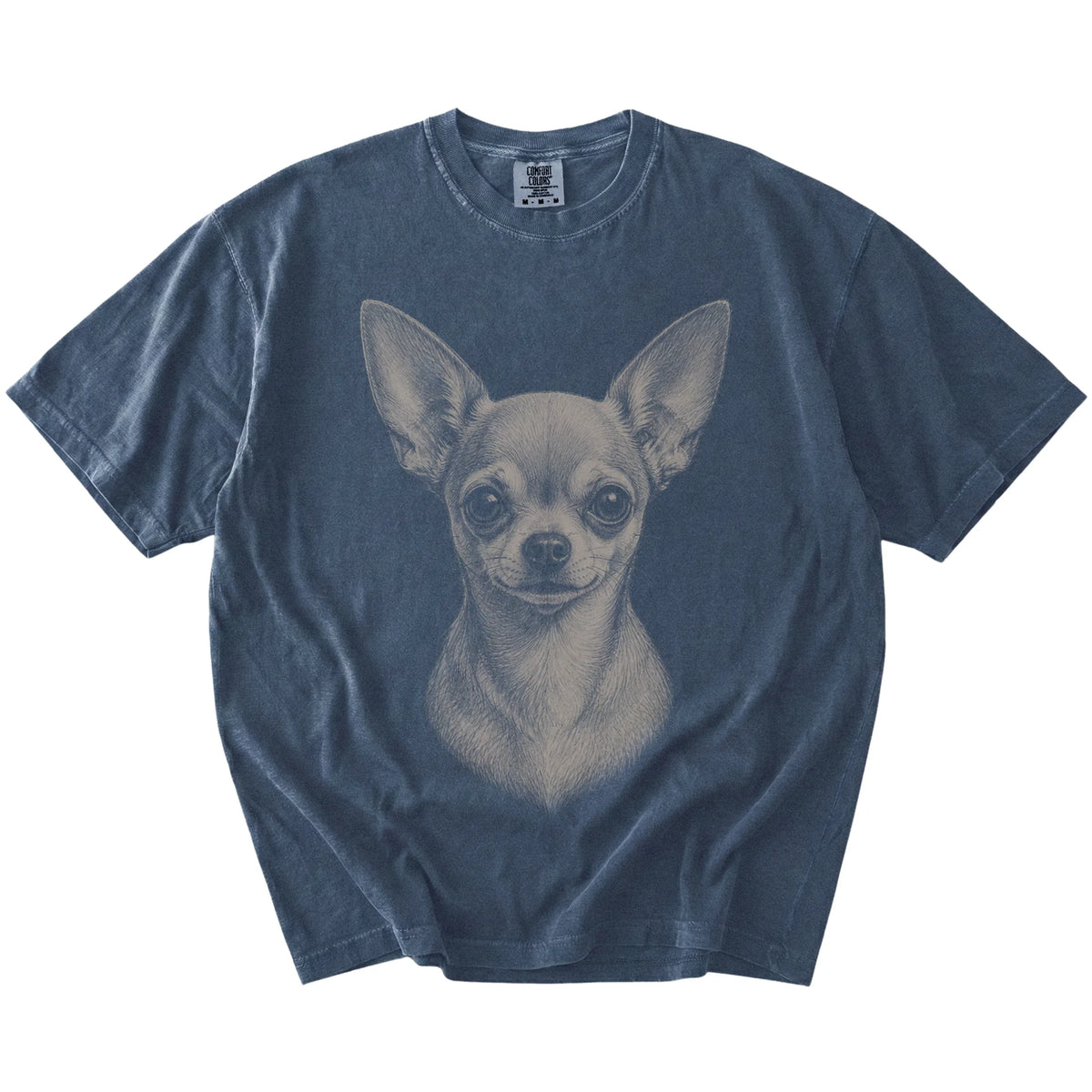 A realistic drawing of a Chihuahua on a Denim Comfort Colors® T-shirt