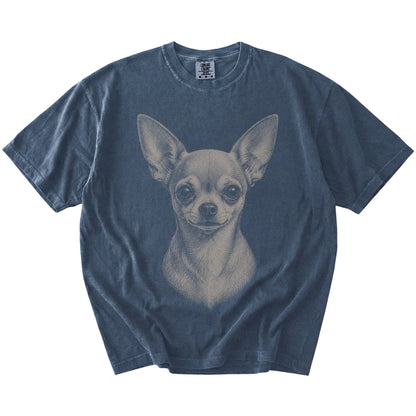 A realistic drawing of a Chihuahua on a Denim Comfort Colors® T-shirt