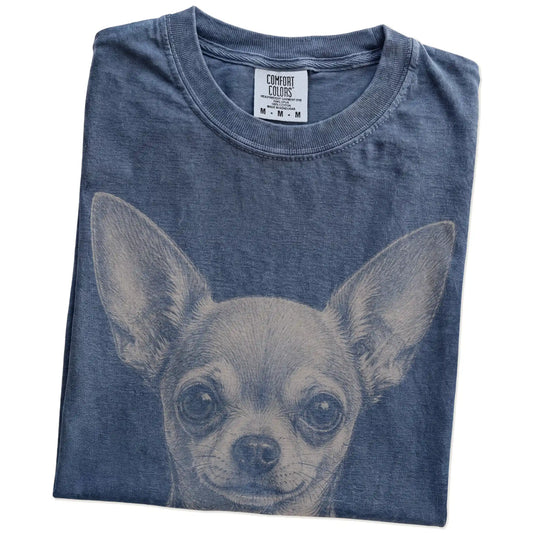 Folded Denim Comfort Colors® T-shirt showing a realistic drawing of a Chihuahua