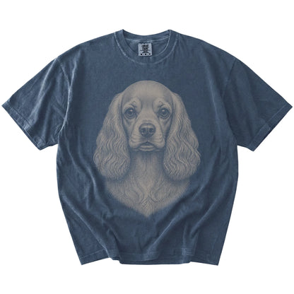 A realistic drawing of a Cocker Spaniel on a Denim Comfort Colors® T-shirt