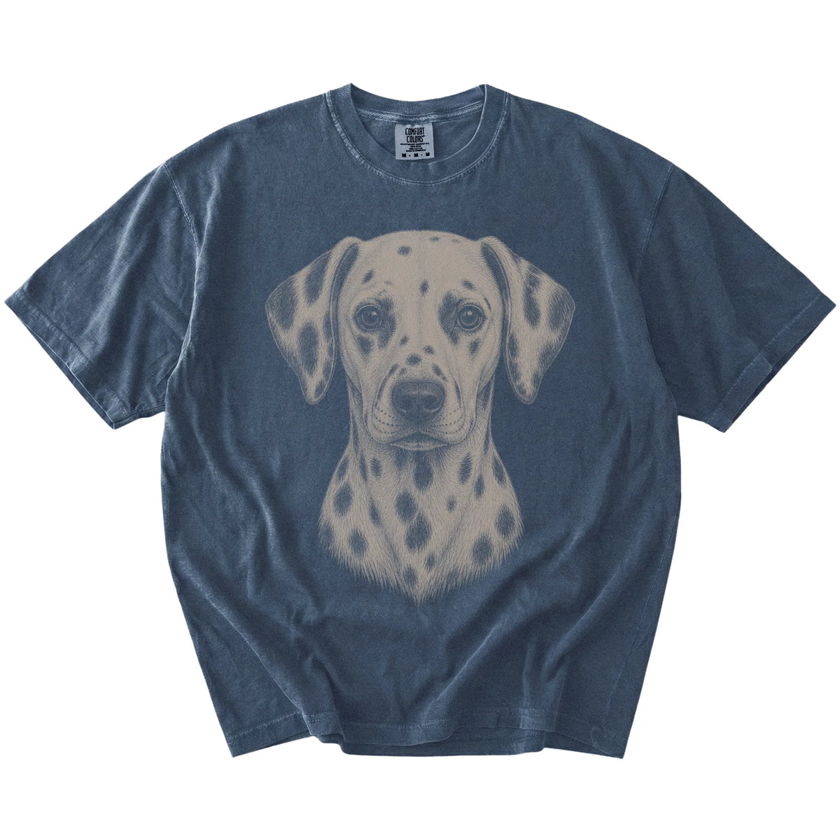 A realistic drawing of a Dalmatian on a Denim Comfort Colors® T-shirt