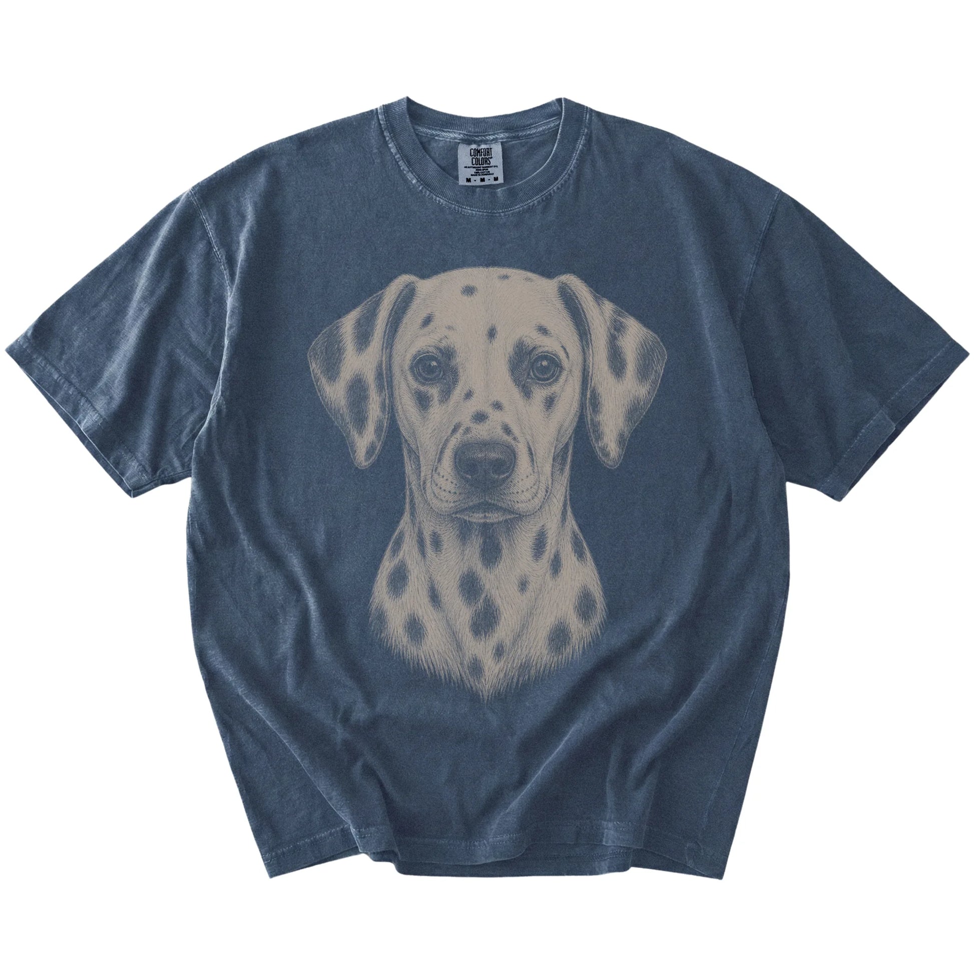A realistic drawing of a Dalmatian on a Denim Comfort Colors® T-shirt