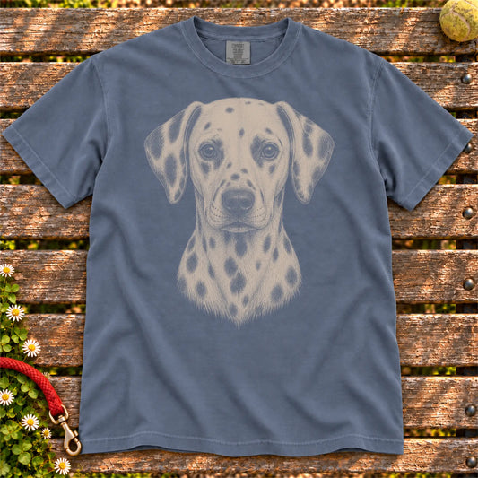 Realistic Drawing Dalmatian design on a Denim Comfort Colors T-shirt, shown flat