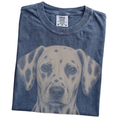 Folded Denim Comfort Colors® T-shirt showing a realistic drawing of a Dalmatian