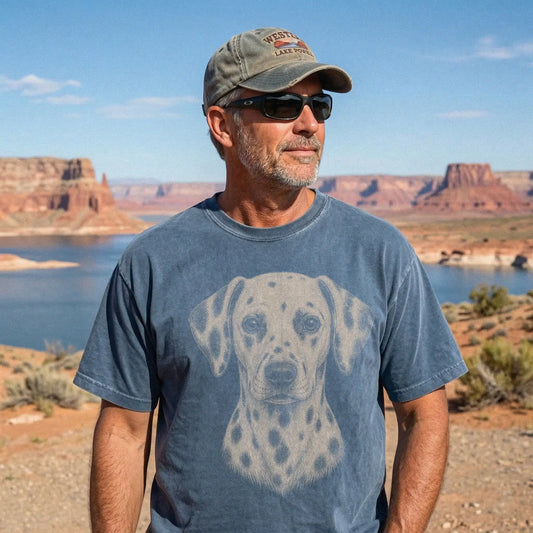 Model wearing a Denim Comfort Colors® T-shirt with a realistic drawing of a Dalmatian