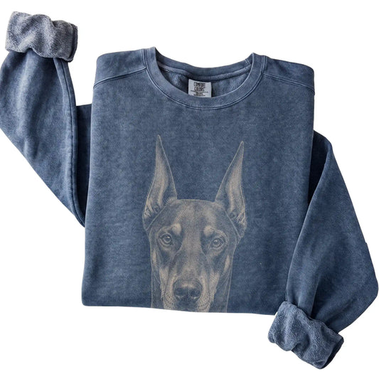 Denim Realistic Drawing Doberman Comfort Colors sweatshirt, folded view