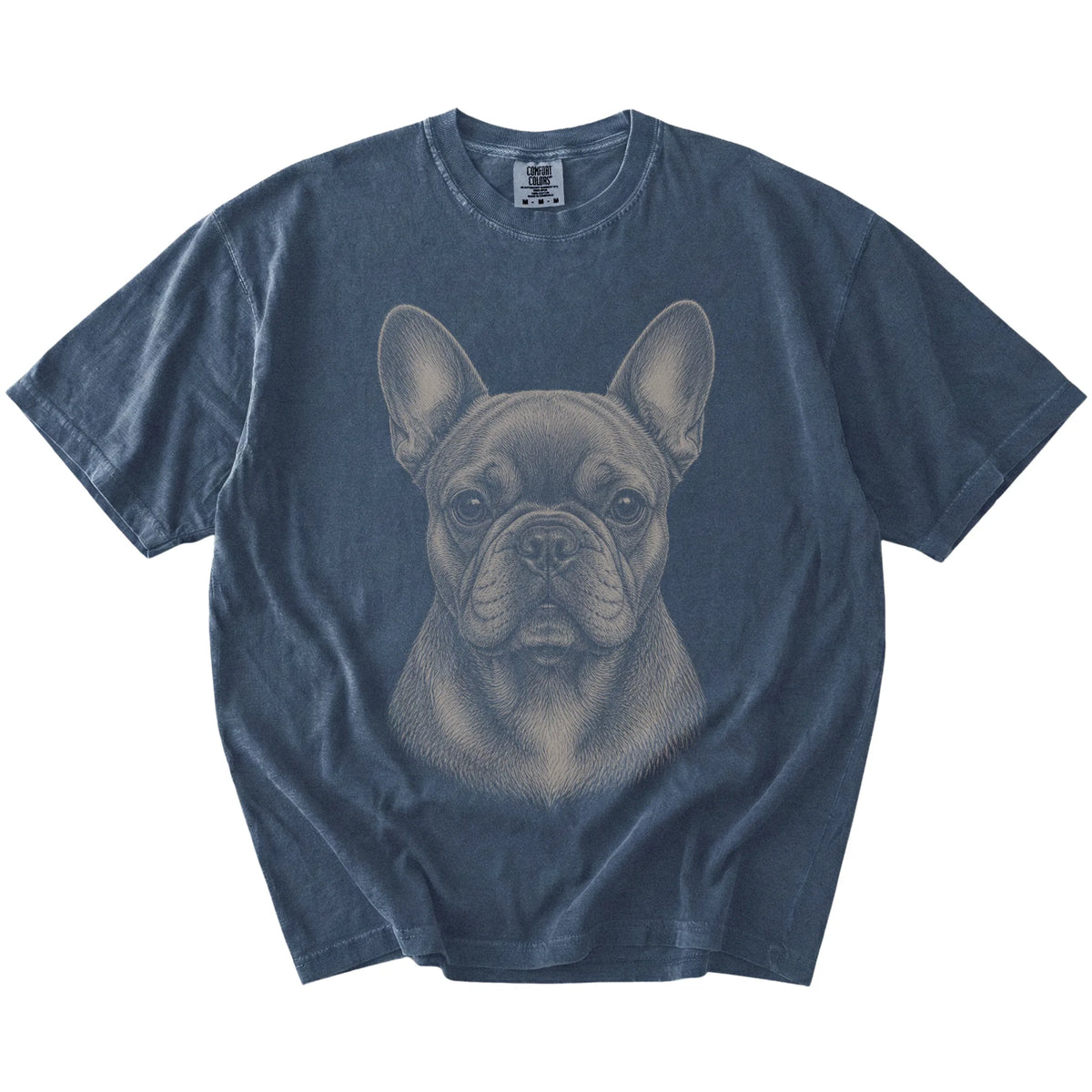 A realistic drawing of a French Bulldog on a Denim Comfort Colors® T-shirt