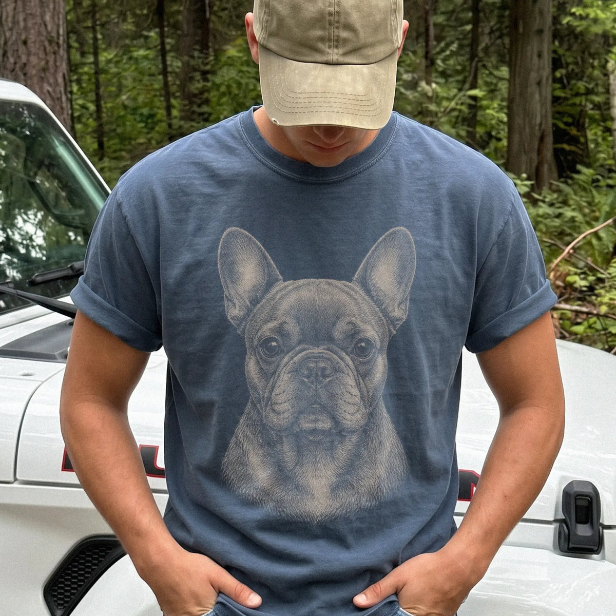 Model wearing a Denim Comfort Colors® T-shirt with a realistic drawing of a French Bulldog