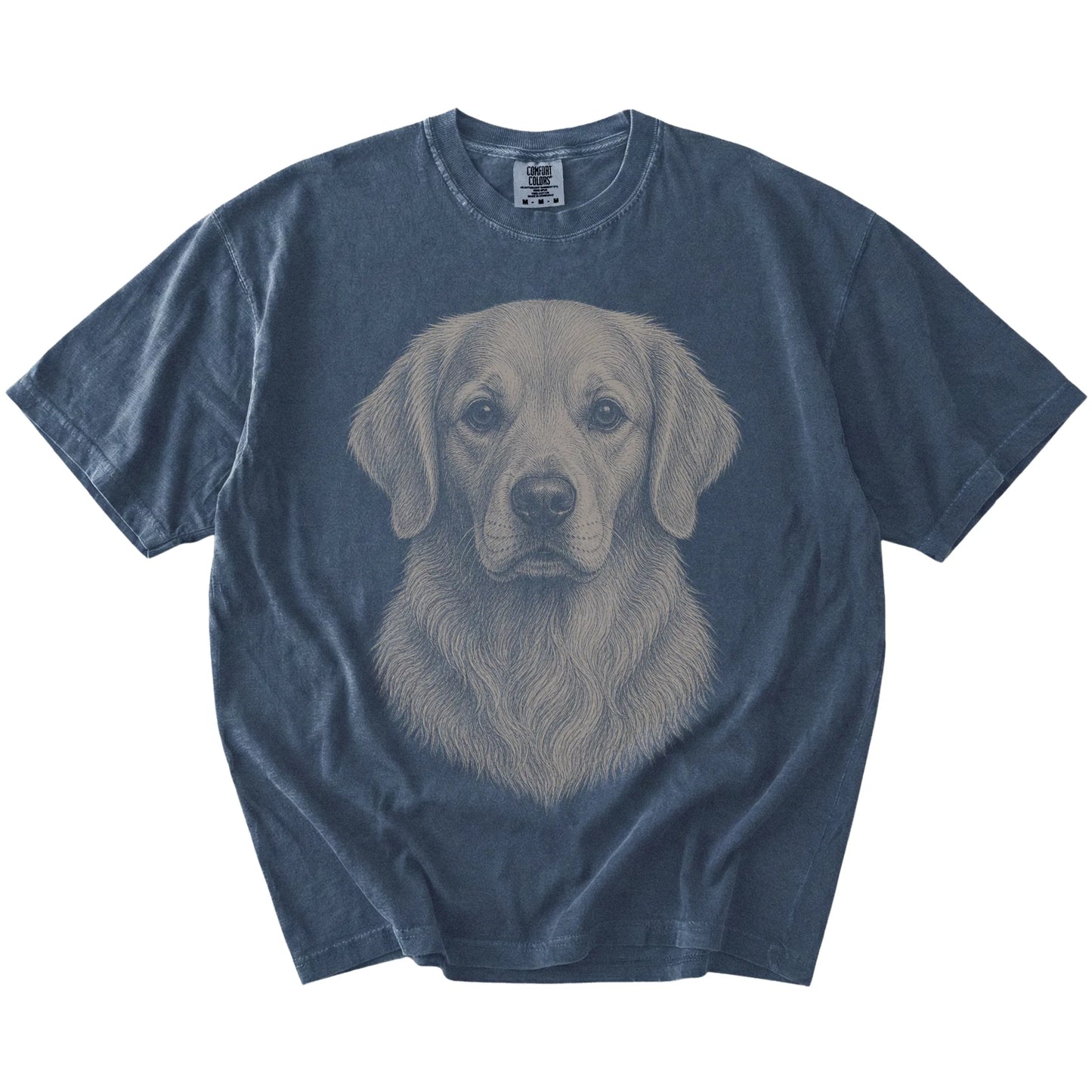 A realistic drawing of a Golden Retriever on a Denim Comfort Colors® T-shirt