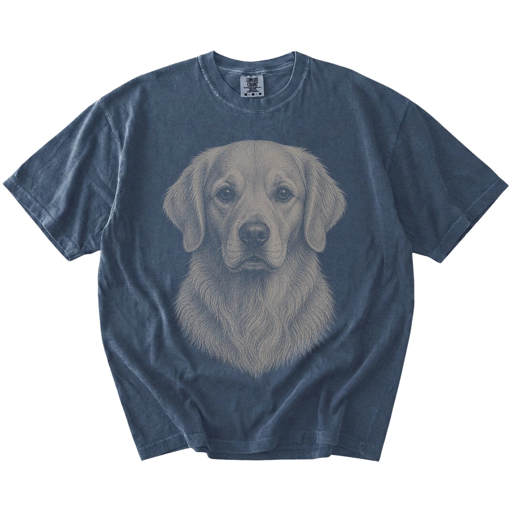 A realistic drawing of a Golden Retriever on a Denim Comfort Colors® T-shirt