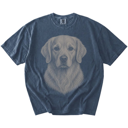 A realistic drawing of a Golden Retriever on a Denim Comfort Colors® T-shirt