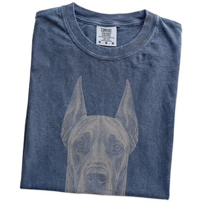 Folded Denim Comfort Colors® T-shirt showing a realistic drawing of a Great Dane