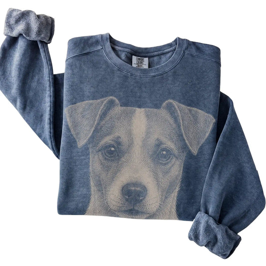 Denim Realistic Drawing Jack Russell Comfort Colors sweatshirt, folded view