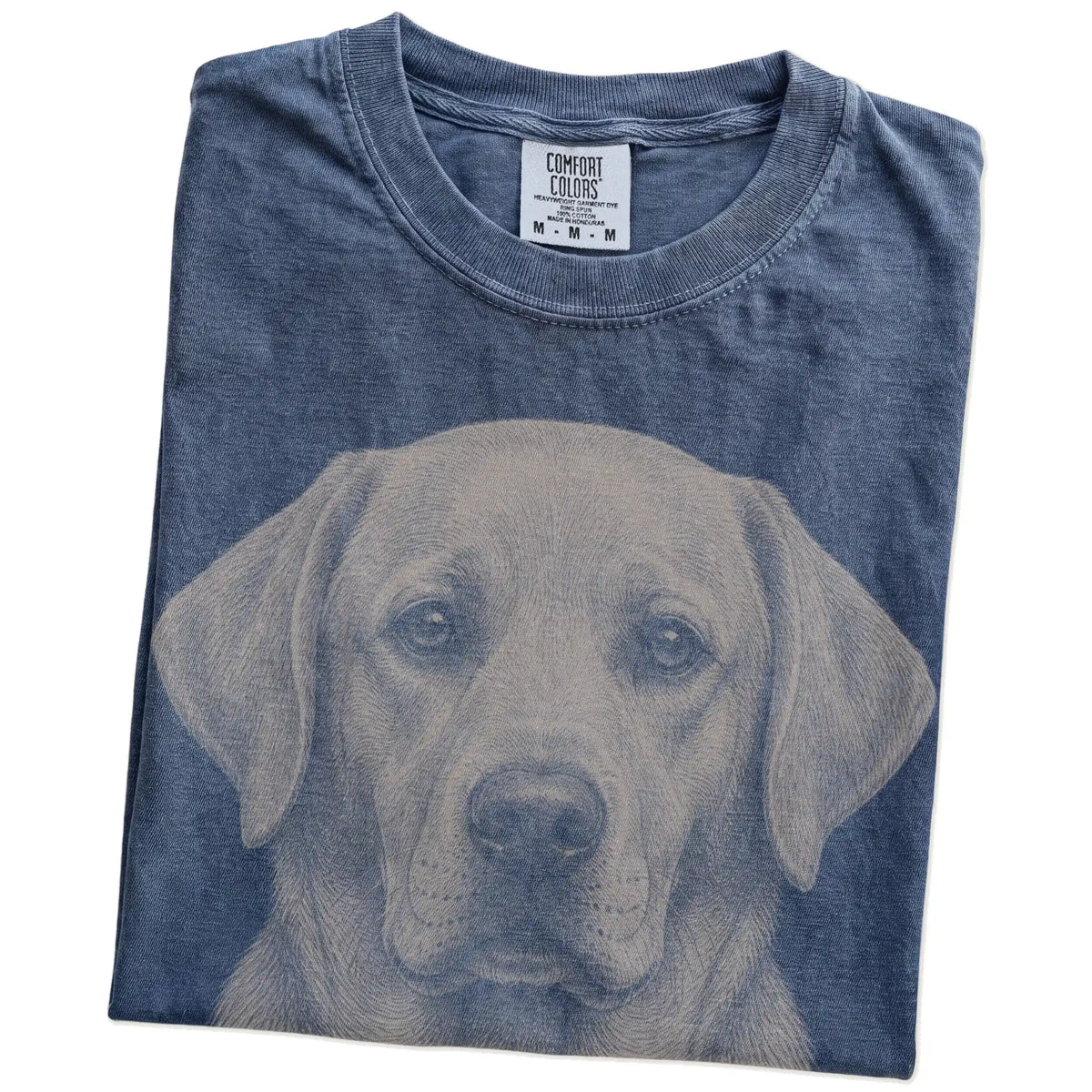 Folded Denim Comfort Colors® T-shirt showing a realistic drawing of a Labrador Retriever
