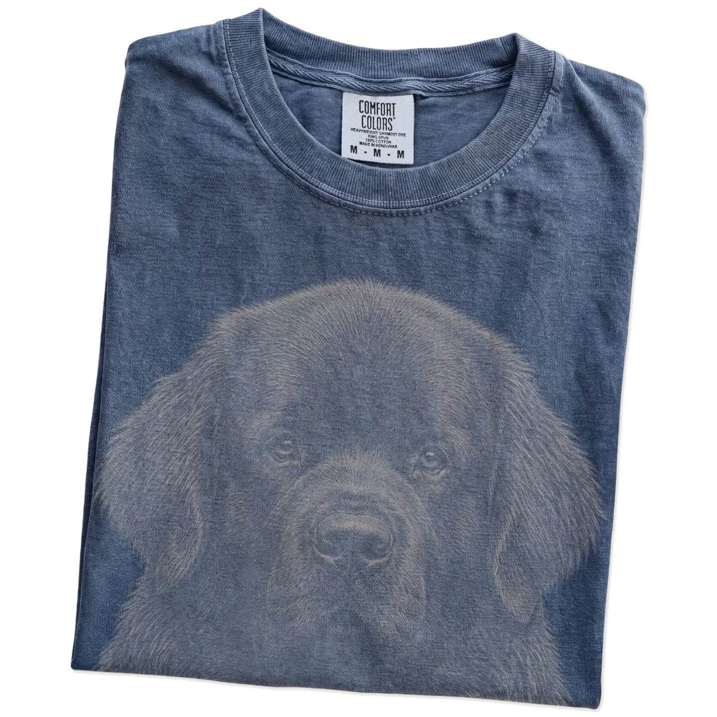 Folded Denim Comfort Colors® T-shirt showing a realistic drawing of a Newfie