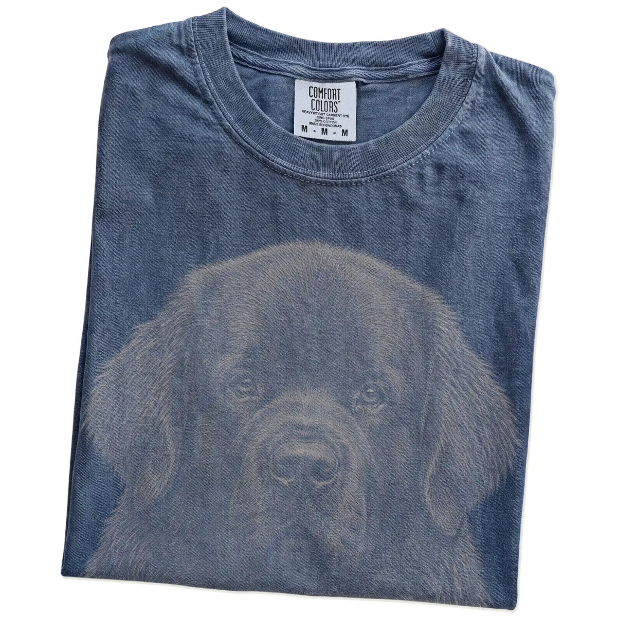 Folded Denim Comfort Colors® T-shirt showing a realistic drawing of a Newfie