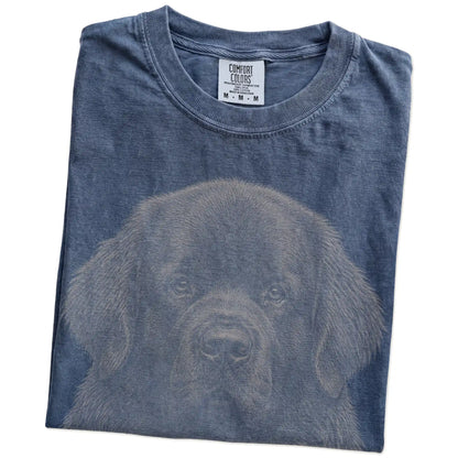 Folded Denim Comfort Colors® T-shirt showing a realistic drawing of a Newfie