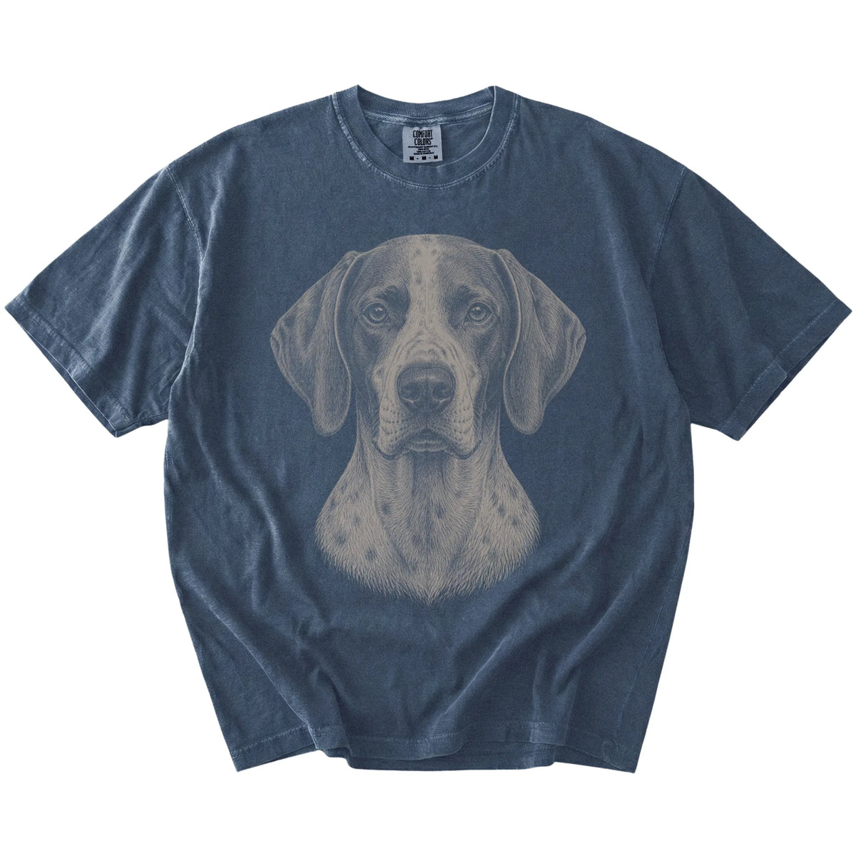 A realistic drawing of a Pointer on a Denim Comfort Colors® T-shirt
