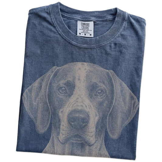 Folded Denim Comfort Colors® T-shirt showing a realistic drawing of a Pointer