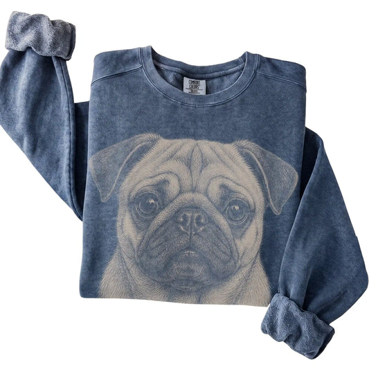Denim Realistic Drawing Pug Comfort Colors sweatshirt, folded view