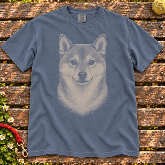 Realistic Drawing Shiba Inu design on a Denim Comfort Colors T-shirt, shown flat