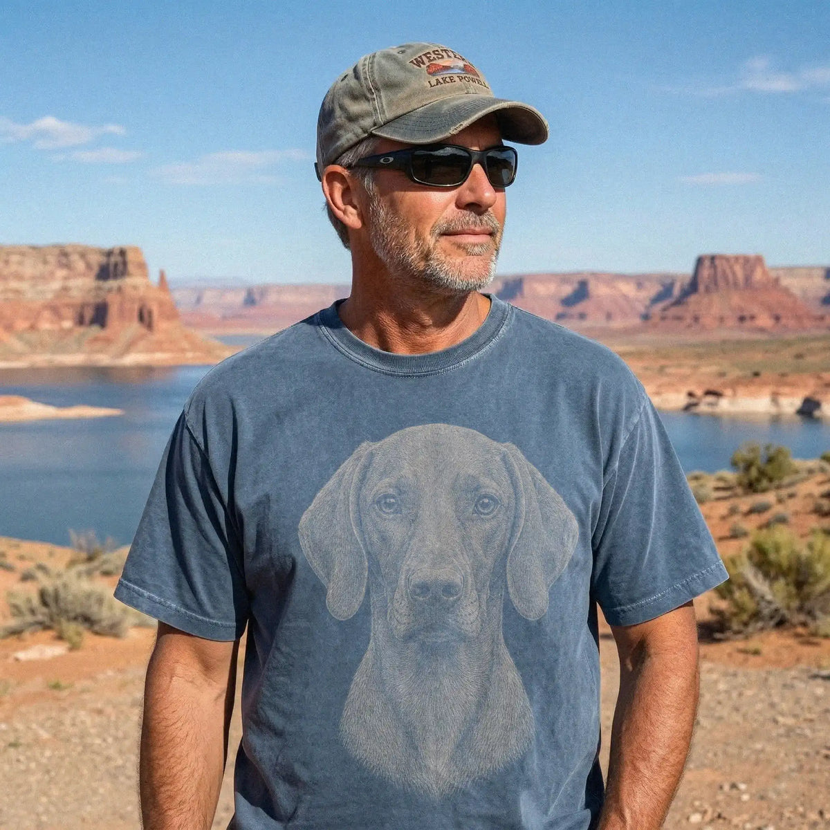 Model wearing a Denim Comfort Colors® T-shirt with a realistic drawing of a Vizsla