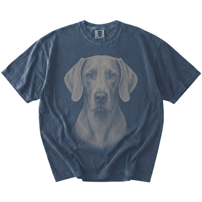 A realistic drawing of a Weimaraner on a Denim Comfort Colors® T-shirt