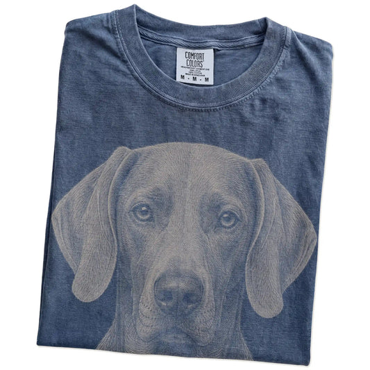 Folded Denim Comfort Colors® T-shirt showing a realistic drawing of a Weimaraner