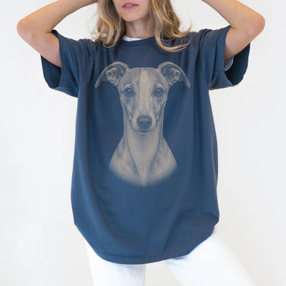Model wearing a Denim Comfort Colors® T-shirt with a realistic drawing of a Whippet