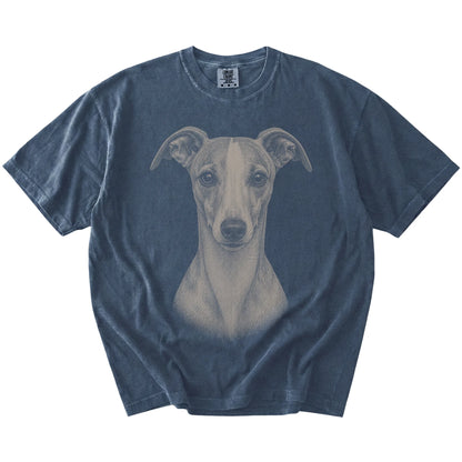 A realistic drawing of a Whippet on a Denim Comfort Colors® T-shirt