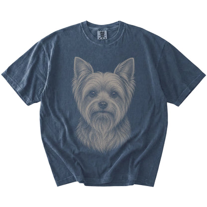 A realistic drawing of a Yorkie on a Denim Comfort Colors® T-shirt