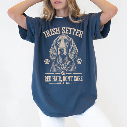 Model wearing a Denim Comfort Colors® T-shirt featuring Irish Setter design with “Red Hair, Don't Care” lettering