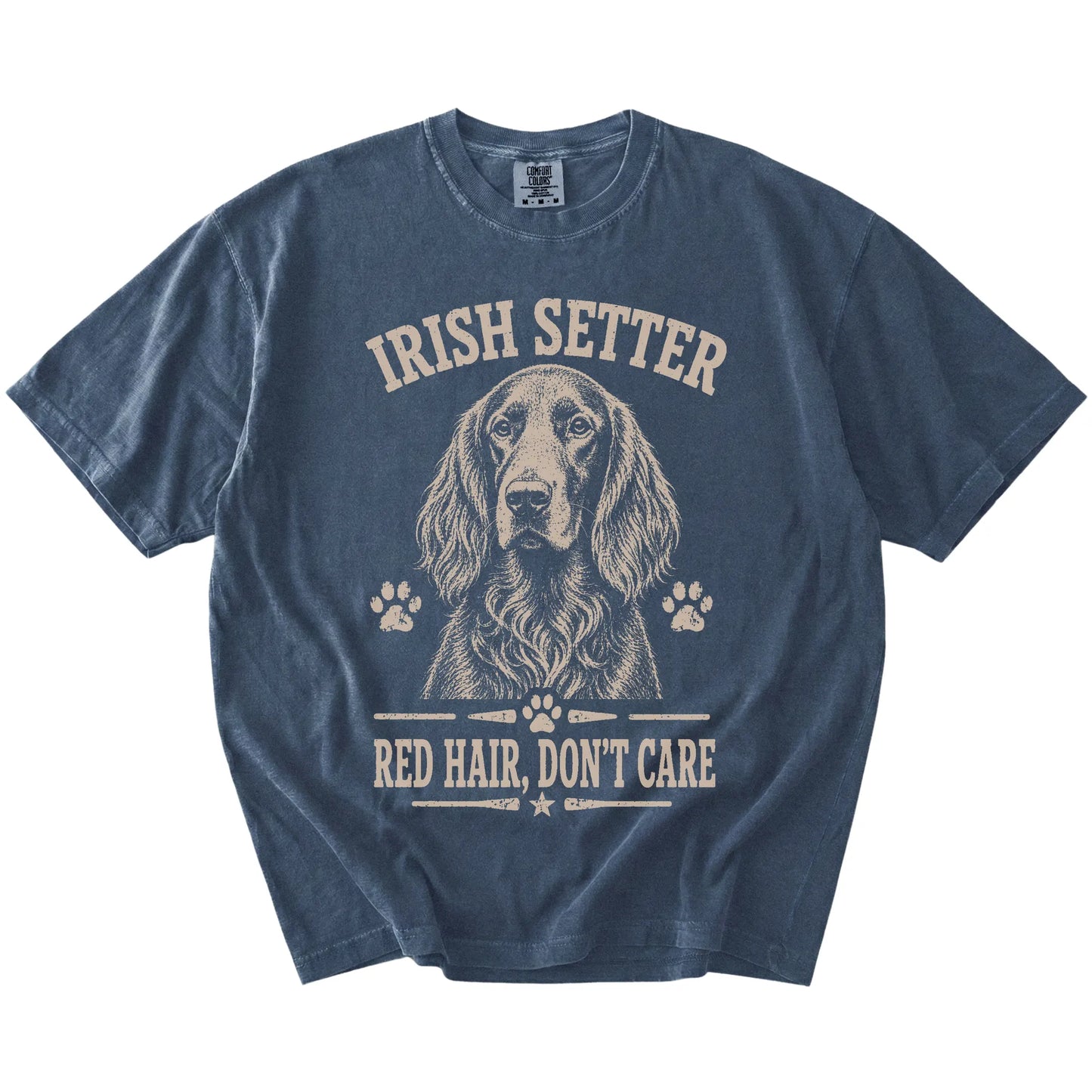 Irish Setter design with “Red Hair, Don't Care” lettering on a Denim Comfort Colors® T-shirt