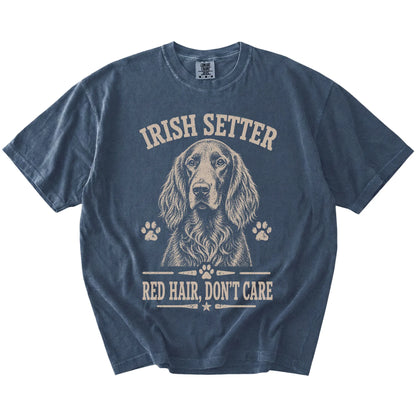 Irish Setter design with “Red Hair, Don't Care” lettering on a Denim Comfort Colors® T-shirt