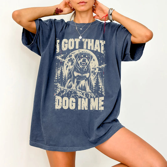 Denim Rottweiler I Got That Dog in Me T-shirt, worn by a model