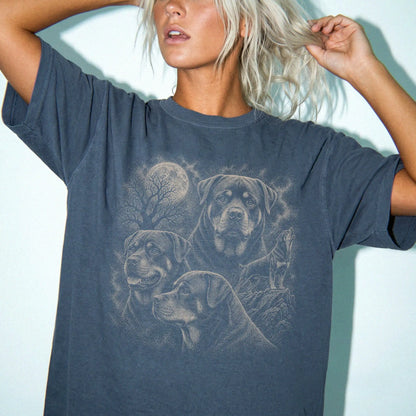Model wearing a Denim Comfort Colors® T-shirt with a vintage moon montage featuring Rottweiler