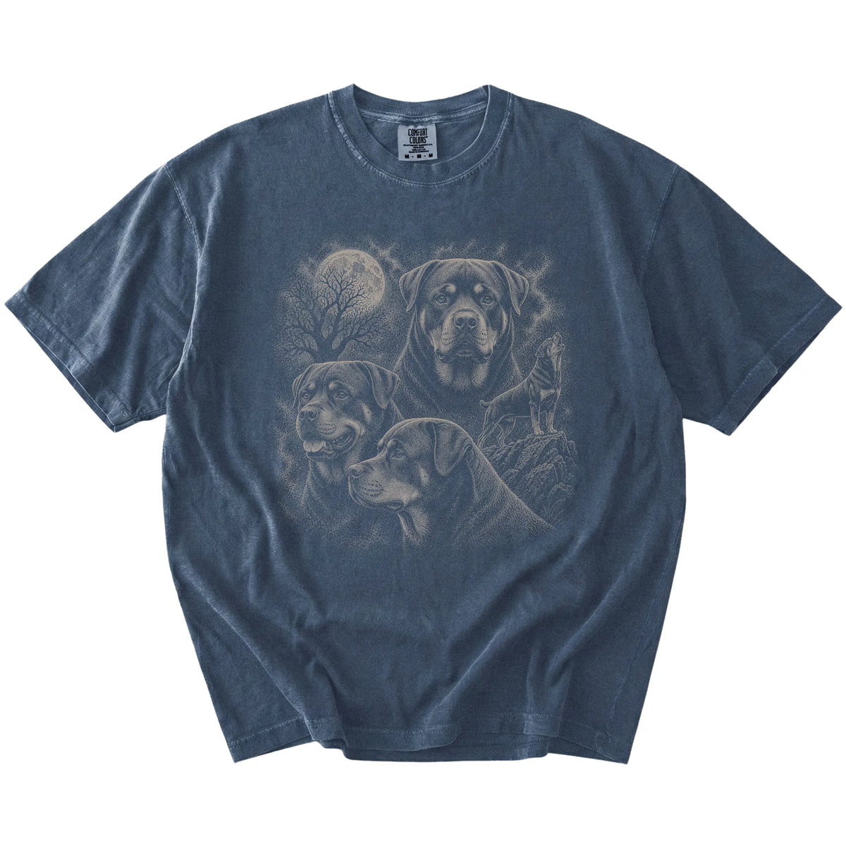 Vintage moon montage featuring Rottweiler on a Denim Comfort Colors® T-shirt