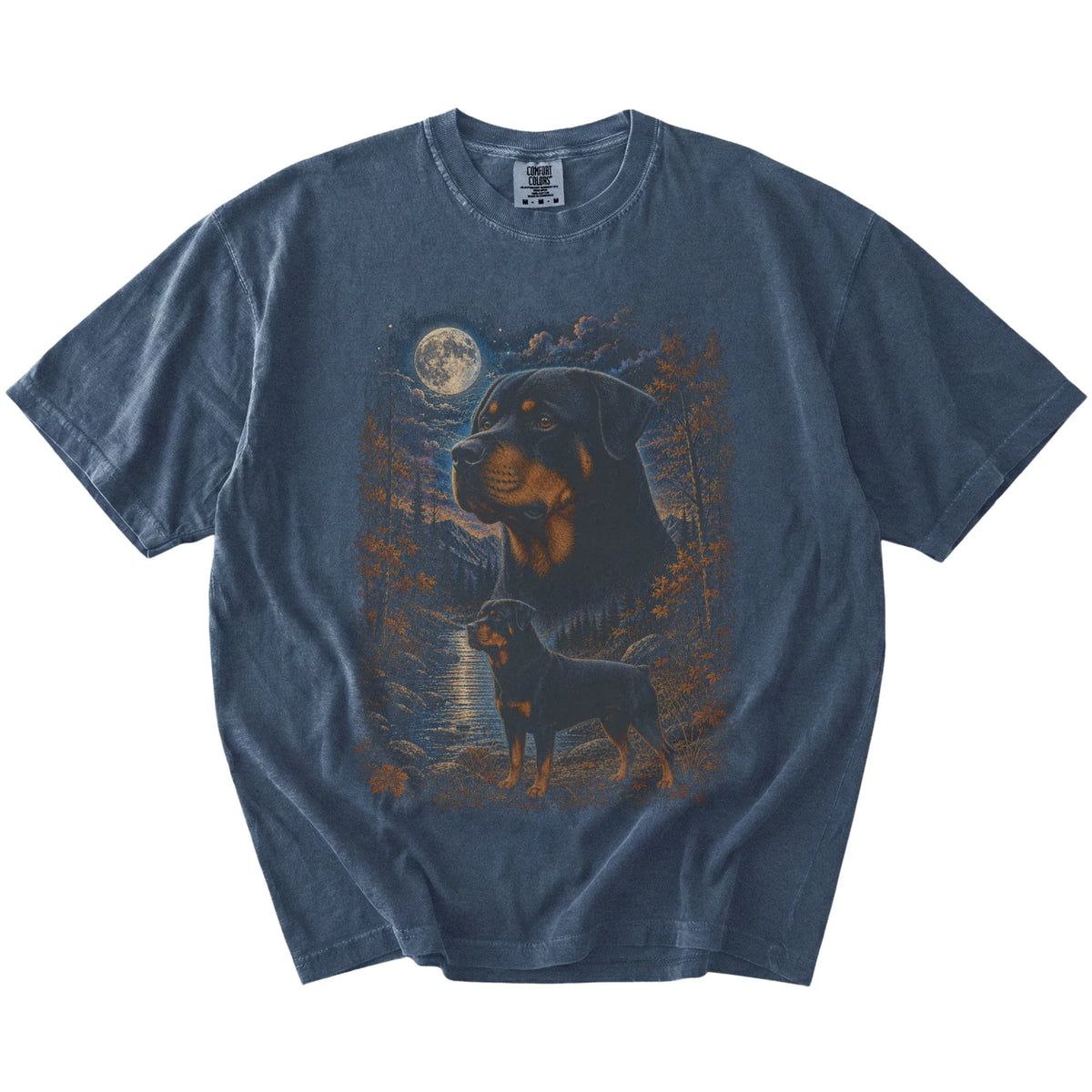 denim T-shirt with Rottweiler Autumn Moon artwork.