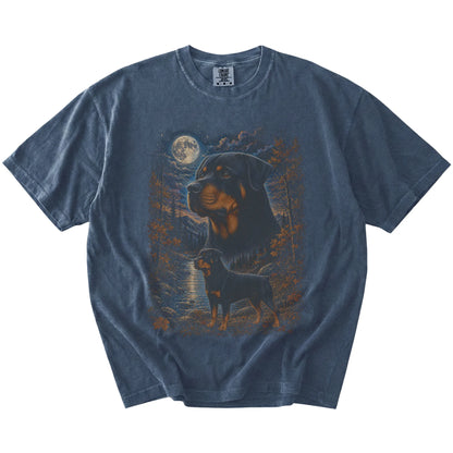 denim T-shirt with Rottweiler Autumn Moon artwork.