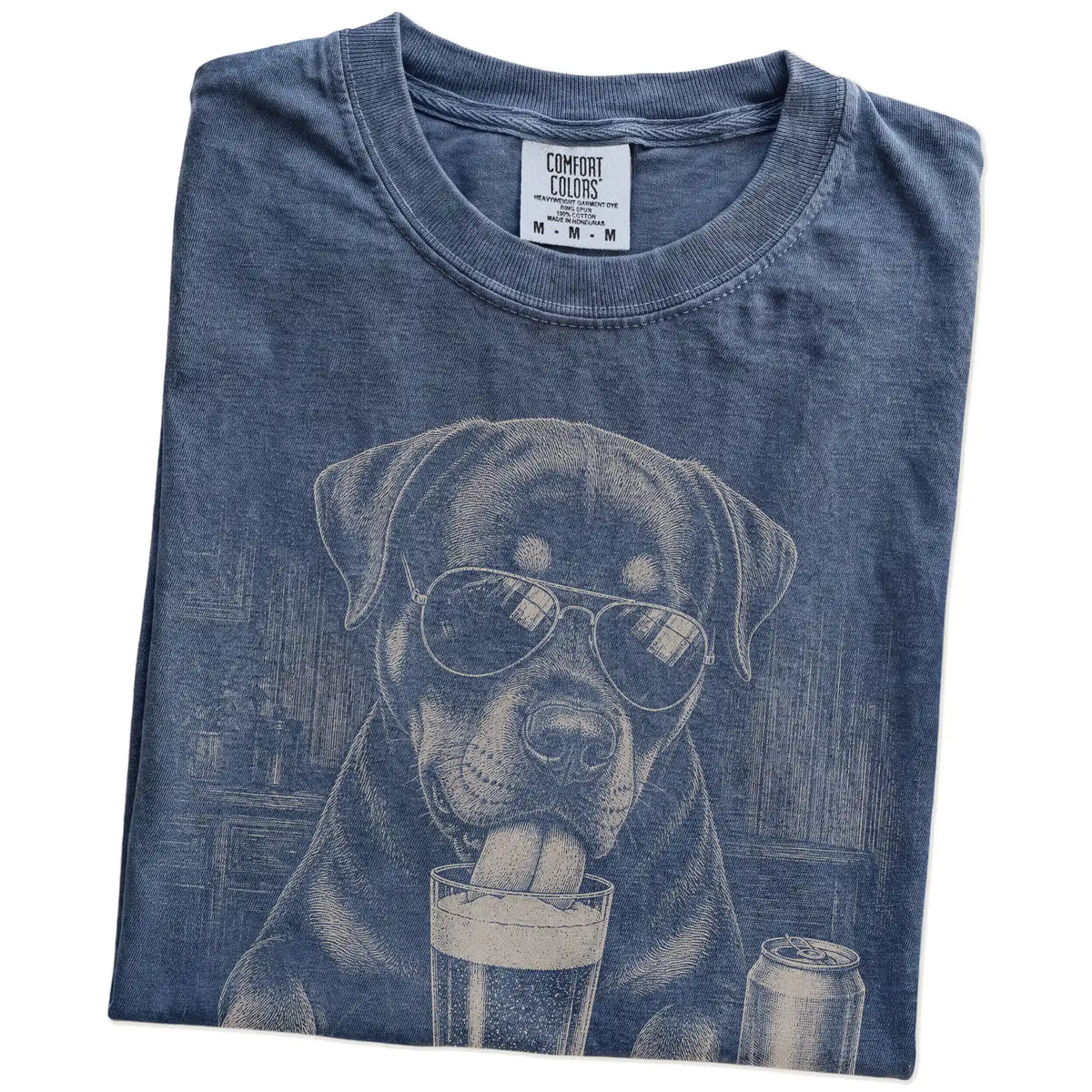Folded Denim Comfort Colors® t-shirt showing Rottweiler sneaking a drink from a pint