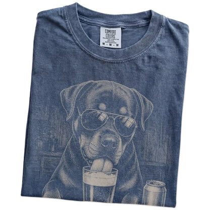 Folded Denim Comfort Colors® t-shirt showing Rottweiler sneaking a drink from a pint