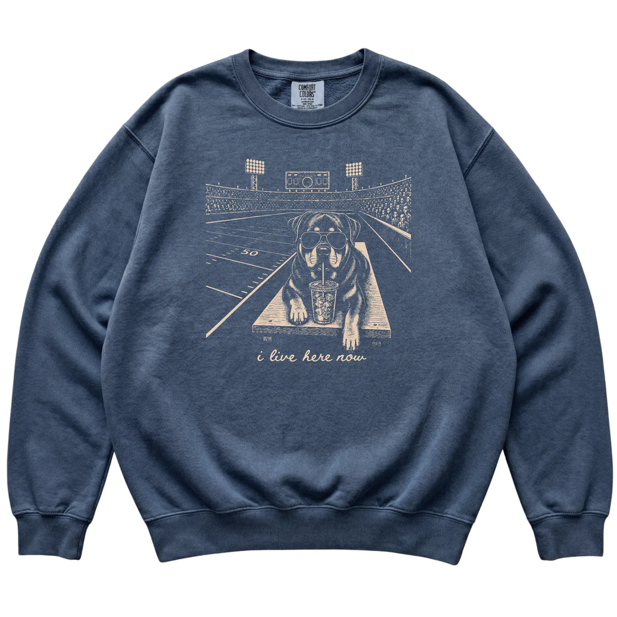Denim Rottweiler Football Tailgate sweatshirt, laid flat
