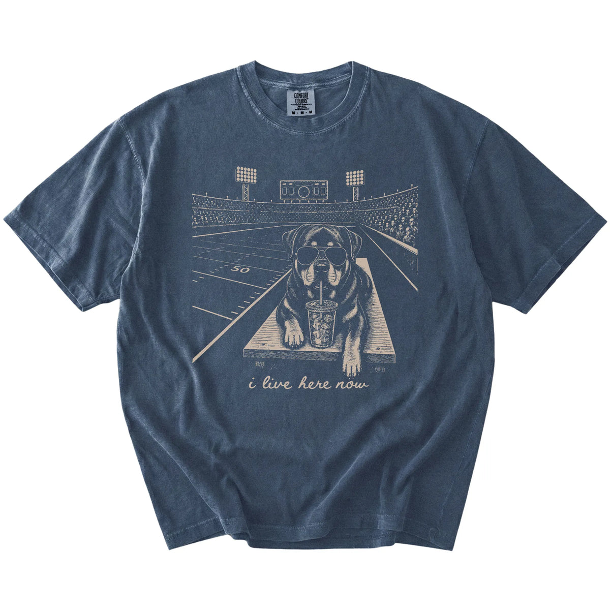 Rottweiler ready for football and tailgate season on a Denim Comfort Colors® T-shirt