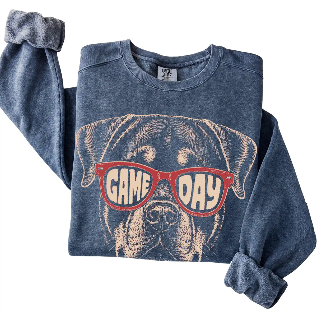Denim Rottweiler Game Day Sunglasses sweatshirt, folded