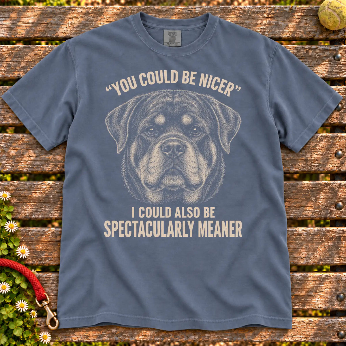 Rottweiler Guard Dog design on a Denim Comfort Colors T-shirt, shown flat